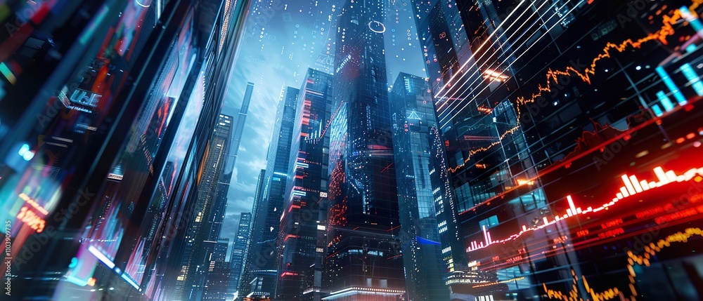 Futuristic Cityscape with Upward Trending Stock Market Projections Futuristic Cityscape with Upward Trending Stock Market Projections