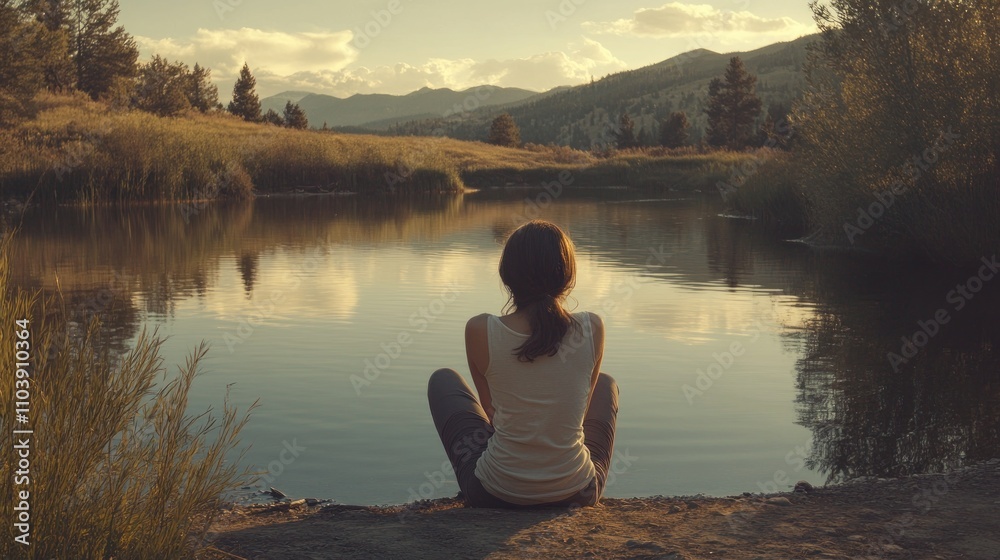 person sitting by a tranquil lake at sunset. person sitting by a tranquil lake at sunset.