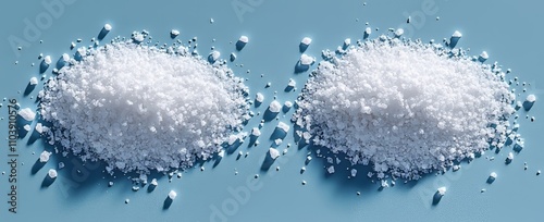 Solitary mounds of sea salt stand out against a backdrop. A contemporary realistic depiction of white powder piles, showcasing both top and side views, with potassium chloride crystals scattered photo