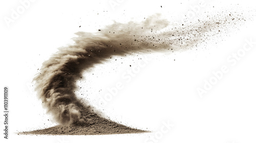 The dust devil spins, a small whirlwind of dust and debris isolated on white & transparent a background.