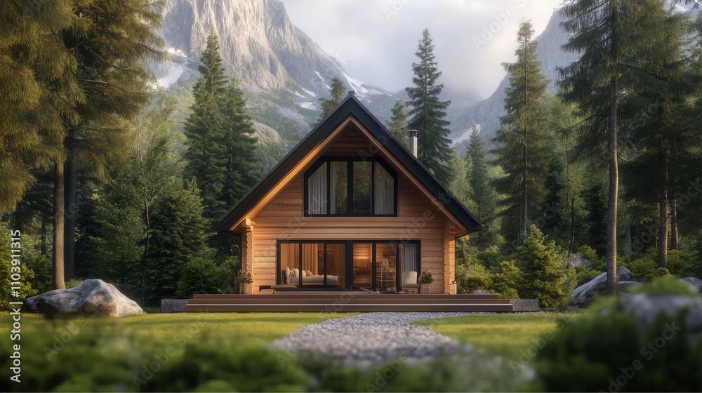 Fototapeta premium A charming wood house is surrounded by lush greenery and mountains.