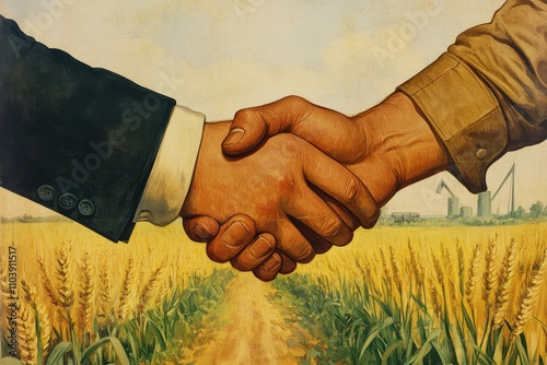 The old-fashioned poster illustrates a handshake between a banker and a farmer, capturing the essence of traditional finance uniting with modern agricultural markets to foster sustainable growth.