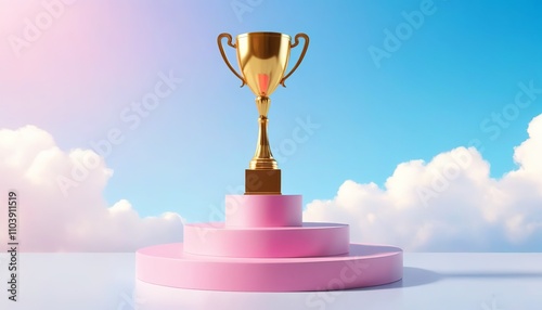 3D depiction of a golden trophy atop a pink platform with a blue sky backdrop. Created with generative AI technology
