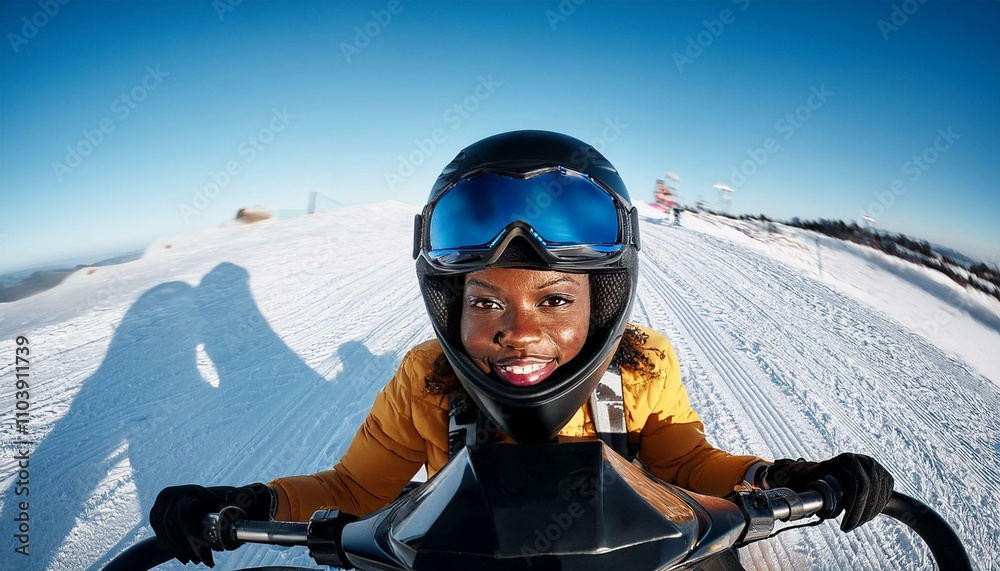 A close up portrait of a snow skier riding the snow mobile in the winter wonderland; snow mobile rider riding across the ice and snow during winter season; up and close view of a skier on snow mobile A close up portrait of a snow skier riding the snow mobile in the winter wonderland; snow mobile rider riding across the ice and snow during winter season; up and close view of a skier on snow mobile