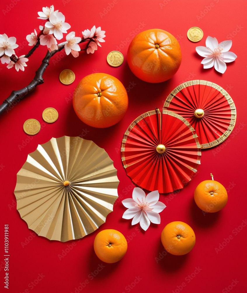 Obraz premium egant Chinese New Year decorations feature tangerines, cherry blossoms, gold coins, and paper fans on a vibrant red background arranged artfully.