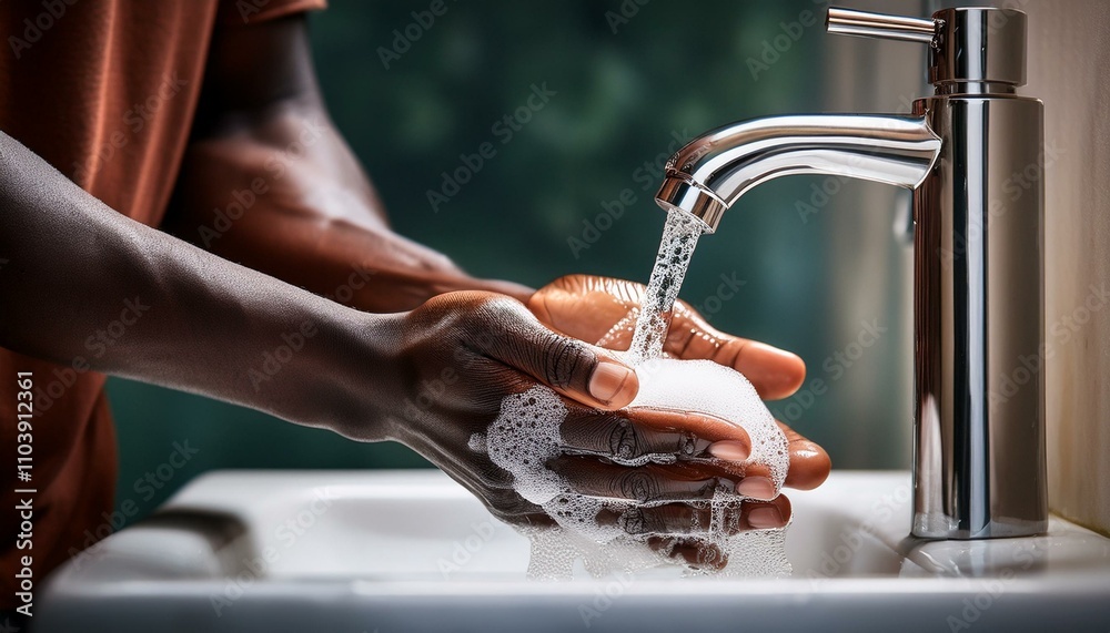 A person washing hands with soap and water; a close up view of a pair of hands being washed with running water from the tab; using hand soap and clean water to wash hands; cleanliness and hygiene A person washing hands with soap and water; a close up view of a pair of hands being washed with running water from the tab; using hand soap and clean water to wash hands; cleanliness and hygiene