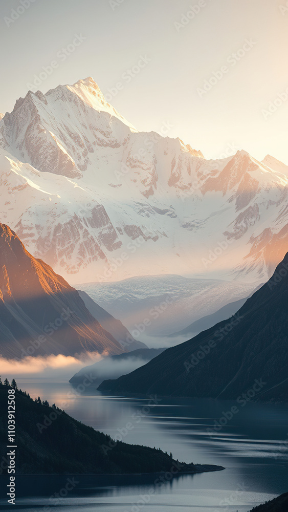 Fototapeta premium Towering mountain peaks with snow-capped summits and glaciers glinting in the sunlight, peak, snowy, outdoors, scenery, rugged