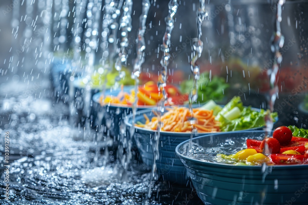 A variety of colorful vegetables, including lettuce, carrots, and peppers, are being rinsed under a steady stream of water in a clean kitchen, highlighting freshness and preparation for cooking. A variety of colorful vegetables, including lettuce, carrots, and peppers, are being rinsed under a steady stream of water in a clean kitchen, highlighting freshness and preparation for cooking.