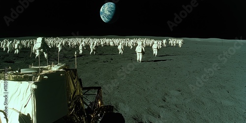 Lunar rover sits parked on the desolate lunar surface, observing a large group of astronauts exploring the gray, rocky terrain, with a vibrant earth visible in the distant background photo