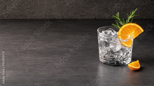 A glass filled with ice and a clear citrus beverage garnished with a slice of orange and a sprig of rosemary sits next to a halved orange, showcasing vibrant colors photo