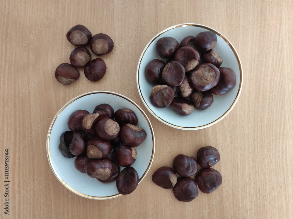 Obraz premium Shiny brown chestnuts on the table