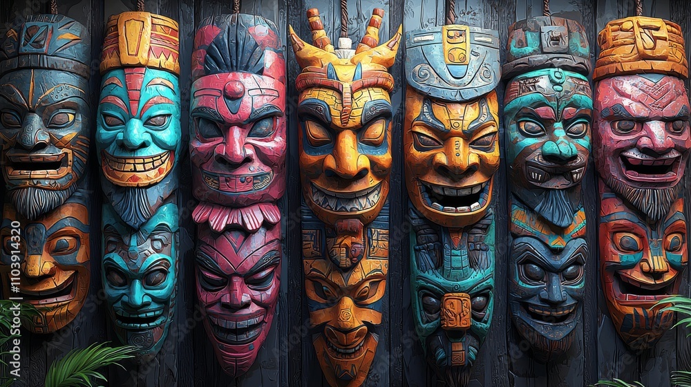 A banner featuring tiki masks, a shop logo, and a Hawaiian tribal totem, paired with a modern landing page showcasing a cartoon illustration of a traditional Polynesian wooden god. A banner featuring tiki masks, a shop logo, and a Hawaiian tribal totem, paired with a modern landing page showcasing a cartoon illustration of a traditional Polynesian wooden god.