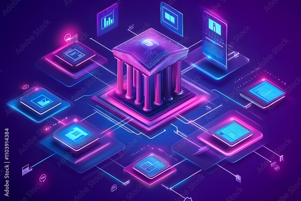 A digital illustration of a centralized data hub with interconnected devices and graphs. A digital illustration of a centralized data hub with interconnected devices and graphs.