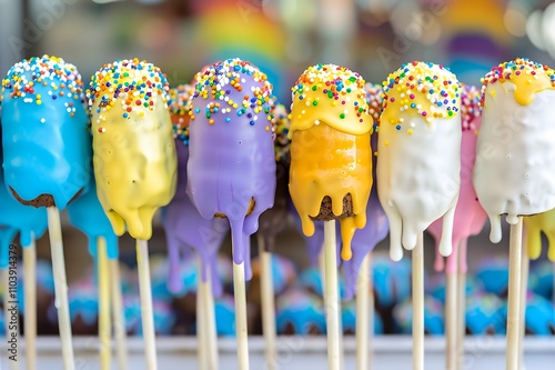 Colorful dessert pops with vibrant icing and sprinkles on sticks.