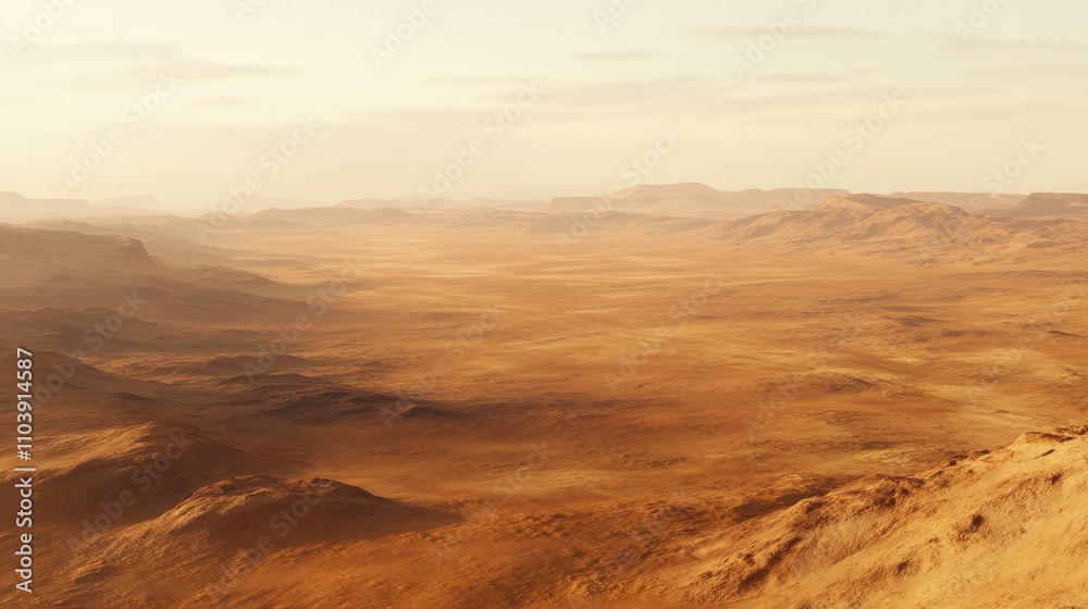 Panoramic view of a vast desert landscape, featuring sand dunes stretching endlessly in golden hues, capturing the warm tones and soft focus that evoke a sense of tranquility and solitude.