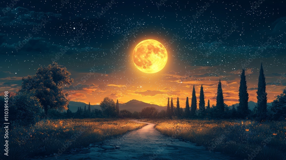 A cartoon nighttime scene featuring a field, a dirt path, and conifer trees under a dark sky filled with stars and a full moon. This 2D illustration, created with separated layers, is game-ready. A cartoon nighttime scene featuring a field, a dirt path, and conifer trees under a dark sky filled with stars and a full moon. This 2D illustration, created with separated layers, is game-ready.