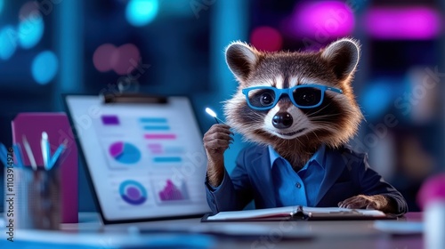 A stylish raccoon wearing blue-tinted sunglasses holds a pen, eagerly elucidating business insights, combining humor and professionalism in an engaging presentation. photo