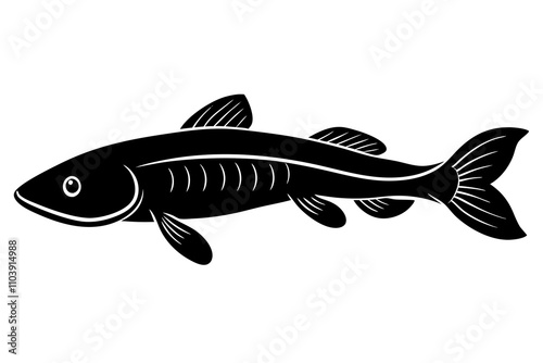 Polypterus Ornatipinnis Bichir Fish Silhouette Vector.