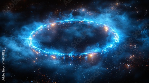 A contemporary depiction of a neon blue circle amidst a glittering cloud of smoke, featuring the Milky Way stars in the night sky and an illuminated LED border with an abstract stardust mist.