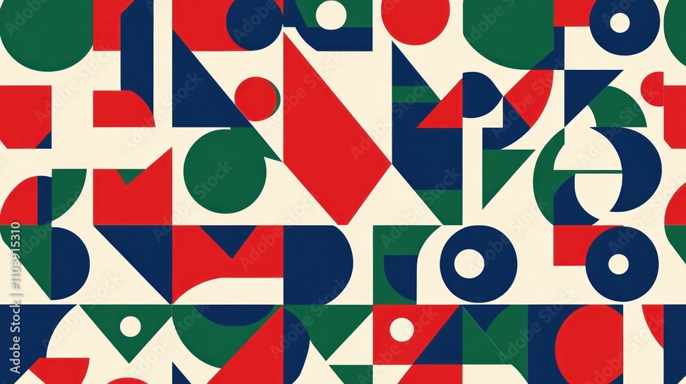 Abstract geometric pattern with shapes in red, green, blue, and cream tones. Abstract geometric pattern with shapes in red, green, blue, and cream tones.