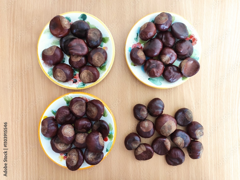 Obraz premium Shiny brown chestnuts on the table