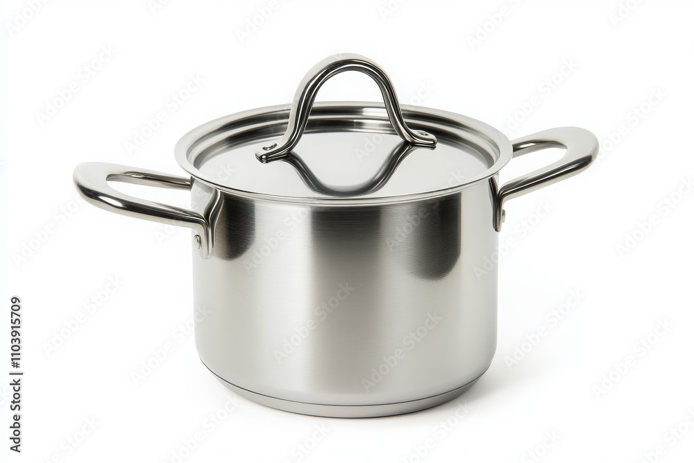 A stainless steel cooking pot with a lid and handles, designed for food preparation. A stainless steel cooking pot with a lid and handles, designed for food preparation.