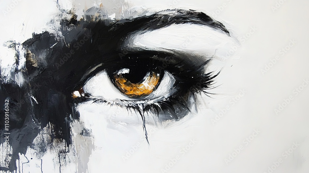 Obraz premium An artistic close-up of a woman's eye, featuring striking brown iris and dramatic black paint, conveying deep emotion and intensity.