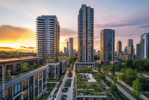 A sleek mixed-use development, modern minimalist design with a combination of residential towers, open retail spaces, and green rooftop gardens, clean geometric architecture, wide pedestrian pathways 