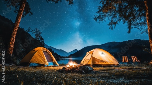 Summer youth camp experience under starlit sky featuring illuminated tents and cozy campfire glow, perfect showcase of outdoor adventure and childhood exploration