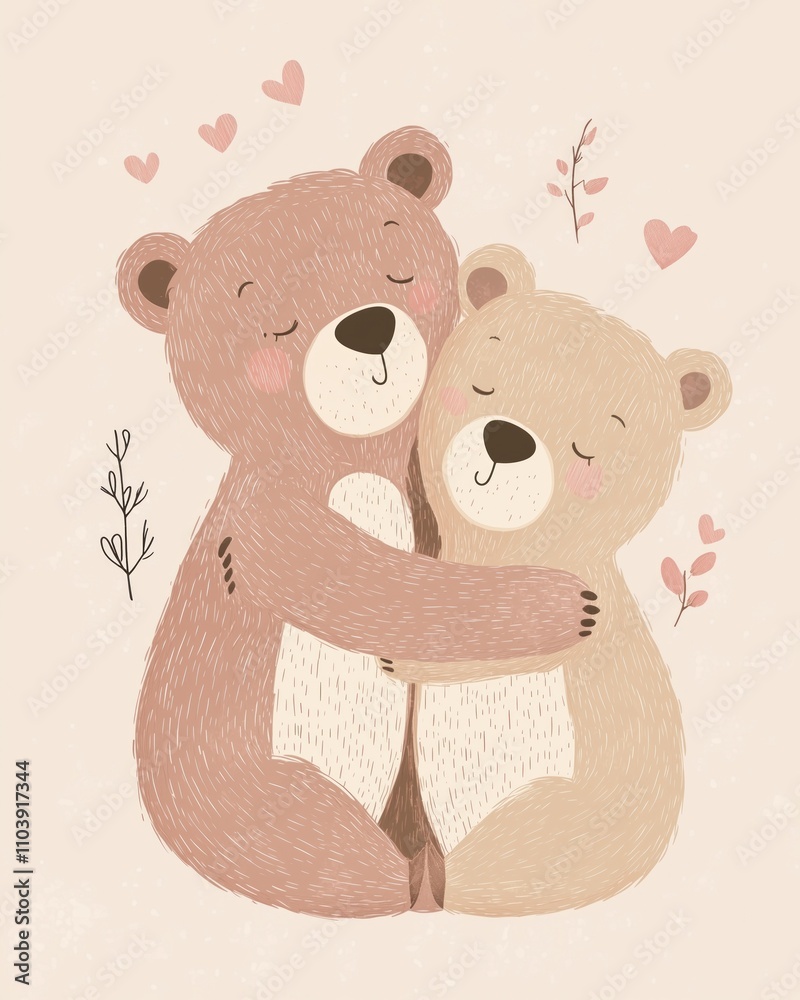 Adorable illustration of two bears hugging with hearts and floral accents. Concept of love, friendship, and affection. Adorable illustration of two bears hugging with hearts and floral accents. Concept of love, friendship, and affection.