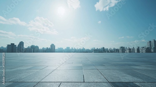 beautiful photo of view of a city from afar showing floor, low camera angle, clear sky with thin subtle clouds, early afternoon sky, natural bright outdoor lighting, cinematic, wide camera lens, super
