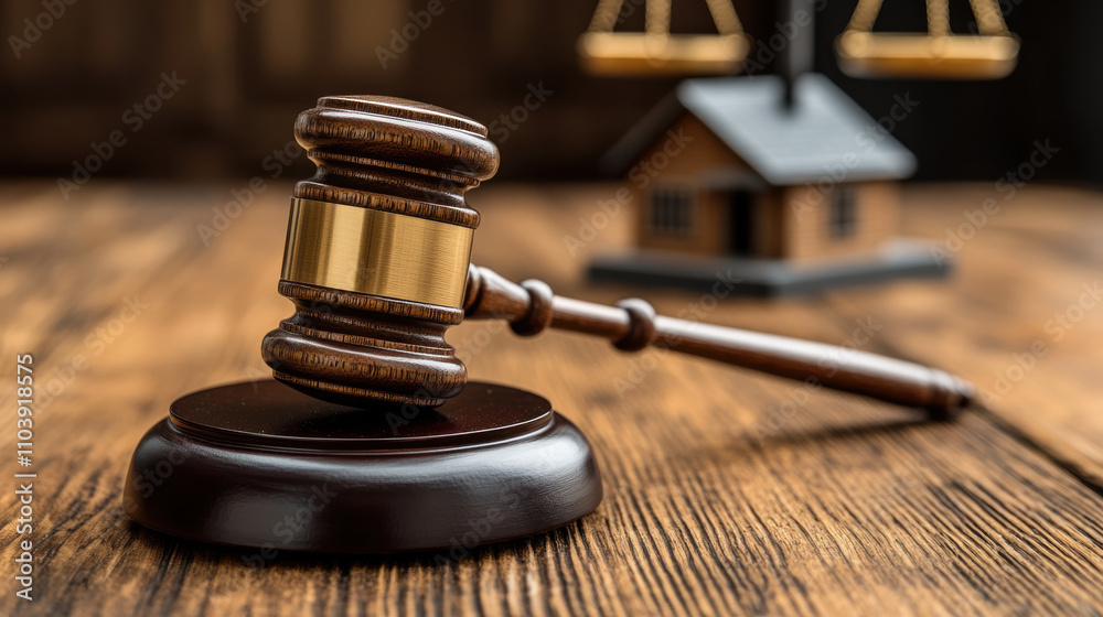 gavel rests on wooden table, symbolizing justice and law, with small model house in background, representing real estate matters gavel rests on wooden table, symbolizing justice and law, with small model house in background, representing real estate matters