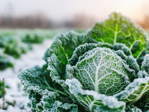 Winter vegetable garden frosty cabbage in a serene landscape capturing nature's resilience and seasonal beauty photo