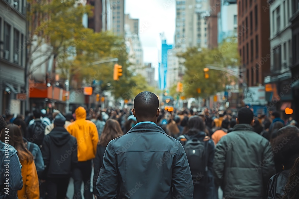 Obraz premium Man in Grey Jacket Walking Through Metropolis Crowd