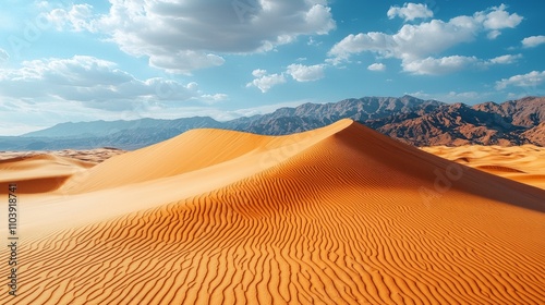 Aerial perspective captures expansive desert landscape smooth sand dunes casting intricate shadows as sunlight filters scattered clouds.