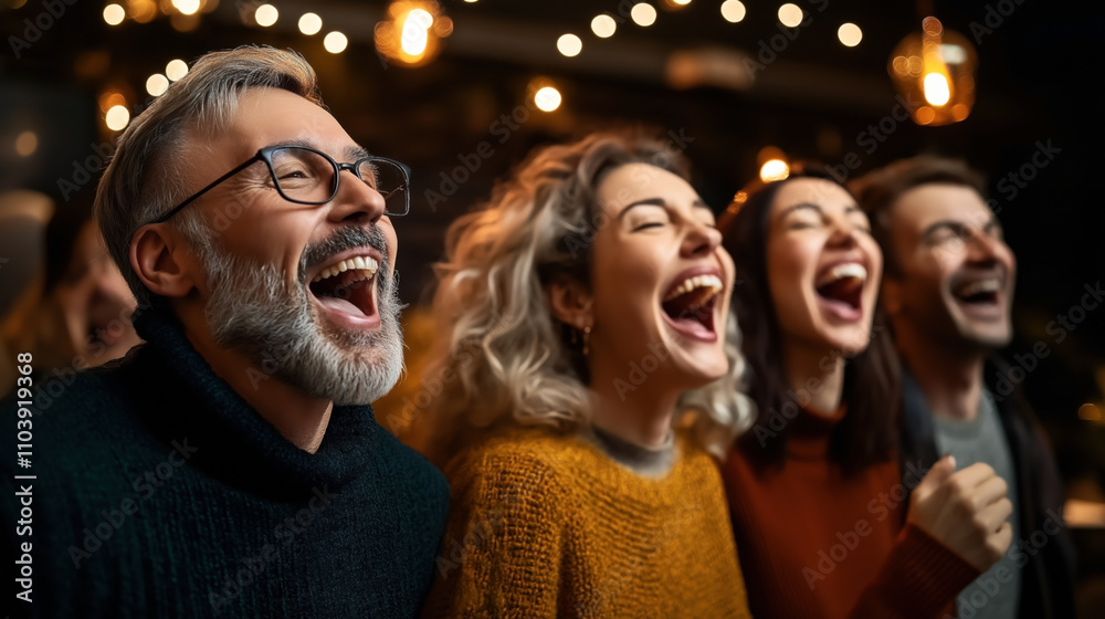 Group of four diverse adults laughing together under warm decorative lights in a cozy indoor setting, showcasing joy and happiness. Group of four diverse adults laughing together under warm decorative lights in a cozy indoor setting, showcasing joy and happiness.