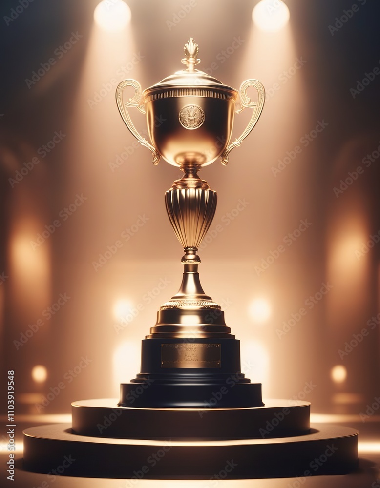 Golden trophy on pedestal, lit by warm light in an elegant setting. Created with generative AI technology Golden trophy on pedestal, lit by warm light in an elegant setting. Created with generative AI technology