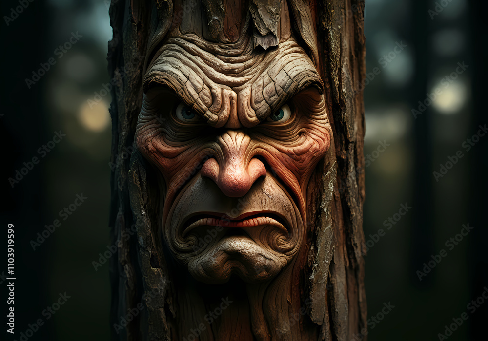 Angry Mad Face in Tree Trunk Bark, Close up Vibrant Wood, Wooden Grain Details, Eyes, Mouth, Zoomed in Nature Illustration Angry Mad Face in Tree Trunk Bark, Close up Vibrant Wood, Wooden Grain Details, Eyes, Mouth, Zoomed in Nature Illustration