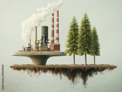 Visual metaphor of CO2 neutral balance, showcasing industrial emissions and carbon-absorbing forests on a scale, emphasizing sustainability and environmental responsibility.