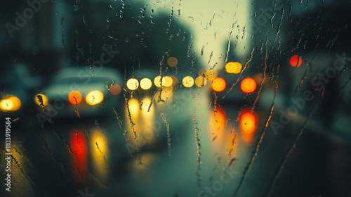 vidro com chuva com blur e luzes de carros