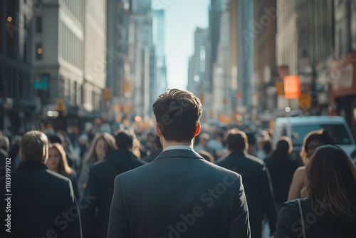 Man in Suit Walking Away, Sunlight in City Background