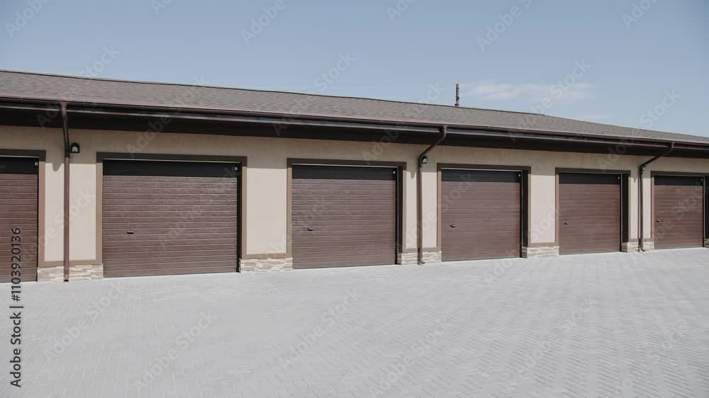 Garages with automatic gates. Car parking places.