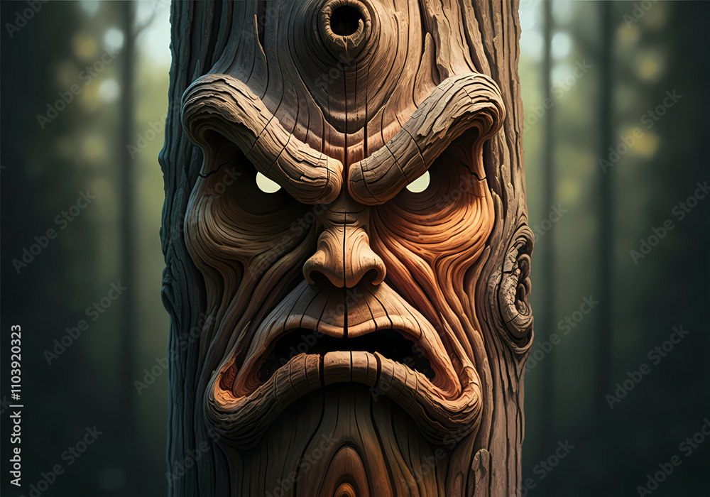 Angry Mad Face in Tree Trunk Bark, Close up Vibrant Wood, Wooden Grain Details, Eyes, Mouth, Zoomed in Nature Illustration Angry Mad Face in Tree Trunk Bark, Close up Vibrant Wood, Wooden Grain Details, Eyes, Mouth, Zoomed in Nature Illustration