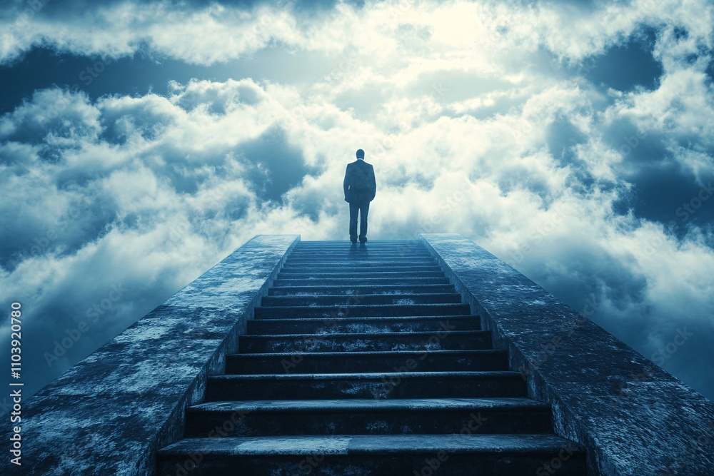 Man on Steps to Heaven Cloudscape Success Spirituality Man on Steps to Heaven Cloudscape Success Spirituality