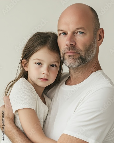 In a clean minimalist environment, a father and daughter illustrate the complexity of their relationship, emphasizing subtle body language and gentle expressions that showcase their deep connection photo