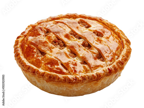 golden-brown chicken pie with flaky puff pastry crust isolated on transparent background