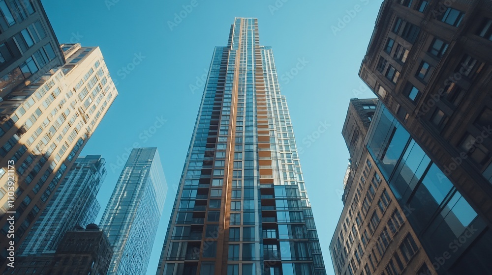 Fototapeta premium Low angle view of skyscrapers against a clear blue sky.