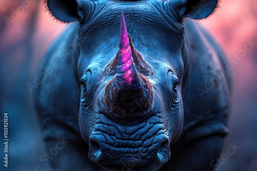 A striking artistic rendering of a rhinoceros featuring a cosmic unicorn horn, seamlessly blending elements of fantasy with profound emotional themes of individuality and magic. photo