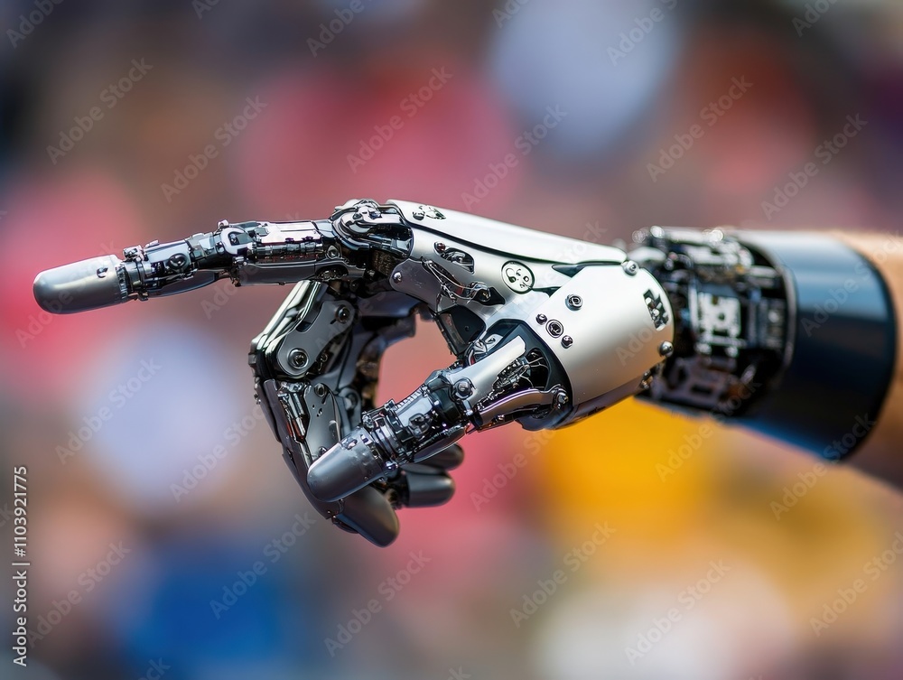 A hyper-detailed robotic hand is shown pointing forward, showcasing its intricate mechanical design, embodying the intersection of technology and human-like abilities. A hyper-detailed robotic hand is shown pointing forward, showcasing its intricate mechanical design, embodying the intersection of technology and human-like abilities.