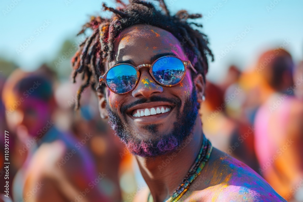 Young man with dreadlocks and sunglasses enjoying holi festival, covered with colorful gulal powder, smiling Young man with dreadlocks and sunglasses enjoying holi festival, covered with colorful gulal powder, smiling